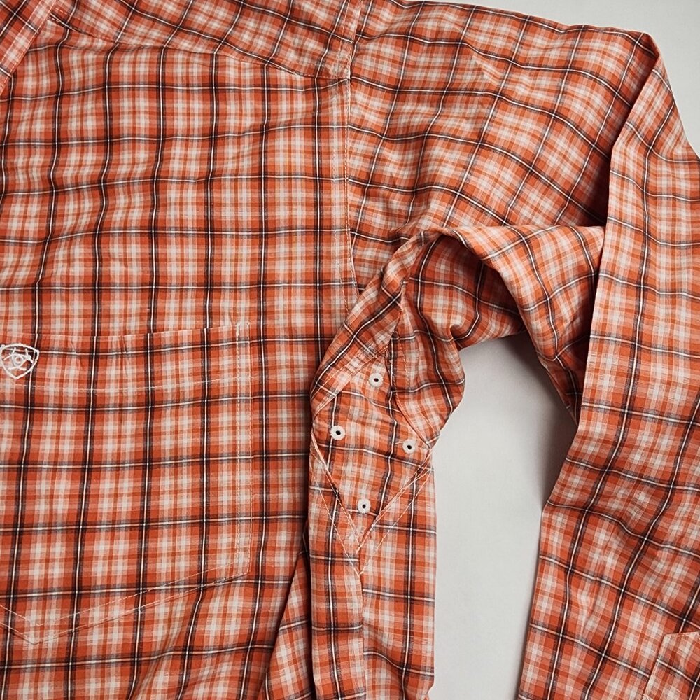 Ariat Pro Series Men's XLT Tall Orange and White Plaid L/S Western Country - Picture 3 of 11